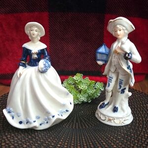 Vintage Porcelain Victorian Figurines China Blue and White Sun Hat Man and Woman
